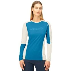 Norrona T-Shirt Manches Longues Femme - Falketind Equaliser Merino Round Neck - Hawaiian Surf/Snowdrop