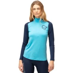 Norrona Maillot De Corps Manches Longues Femme - PureUll Zip Neck - Aquarius/Indigo Night