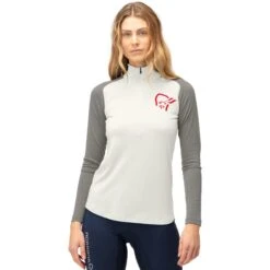 Norrona Maillot De Corps Manches Longues Femme - PureUll Zip Neck - Snowdrop/Castor Grey